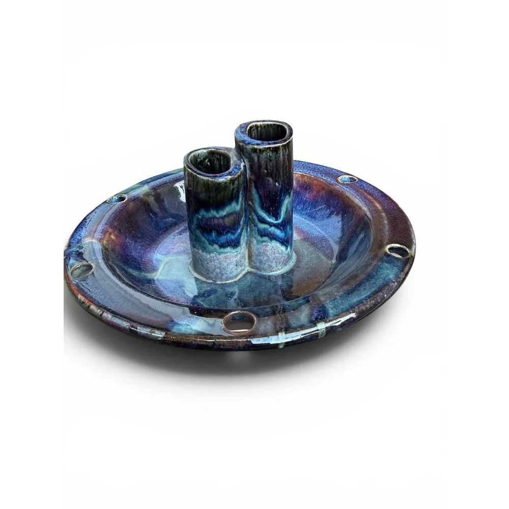 Vintage Art Pottery Ikebana Bowl Vase 3 Flutes Artisan Signed Piece Blue Glaze